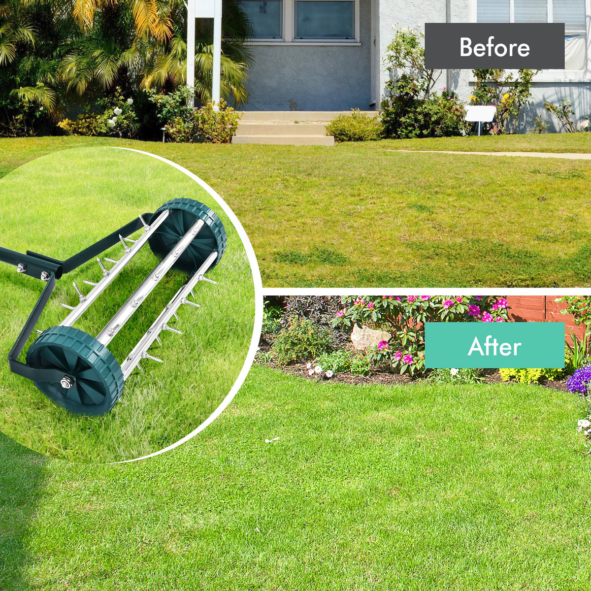 18 Inch Rolling Lawn Aerator, Anti-Slip Handle, Green Lawn Care Tools at Gallery Canada
