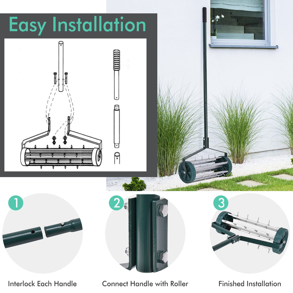 18 Inch Rolling Lawn Aerator, Anti-Slip Handle, Green Lawn Care Tools at Gallery Canada