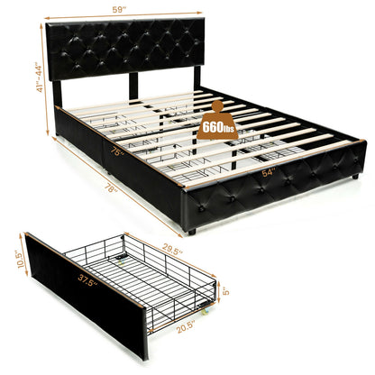 Full Queen PU Leather Platform Bed, 4 Drawers, Full Size Simple Bed Frame at Gallery Canada