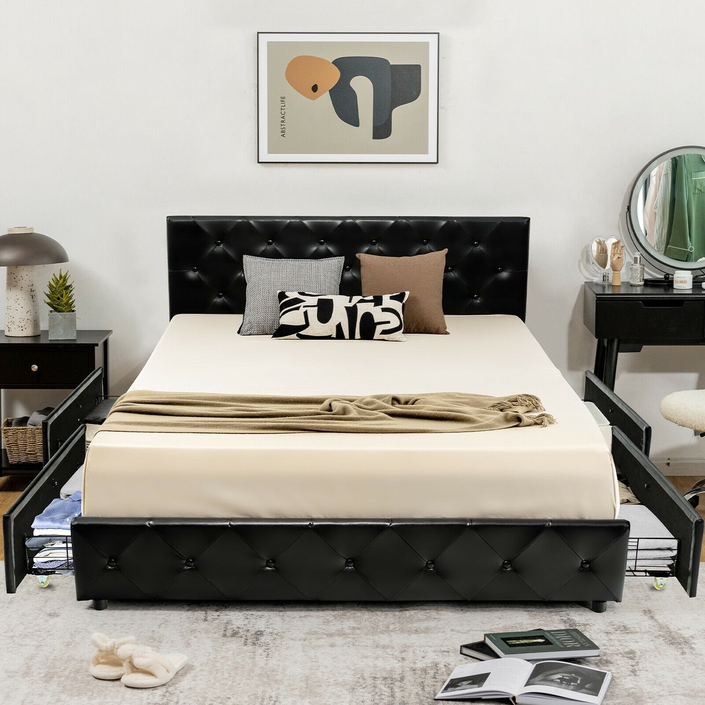 Full Queen PU Leather Platform Bed, 4 Drawers, Full Size Simple Bed Frame at Gallery Canada