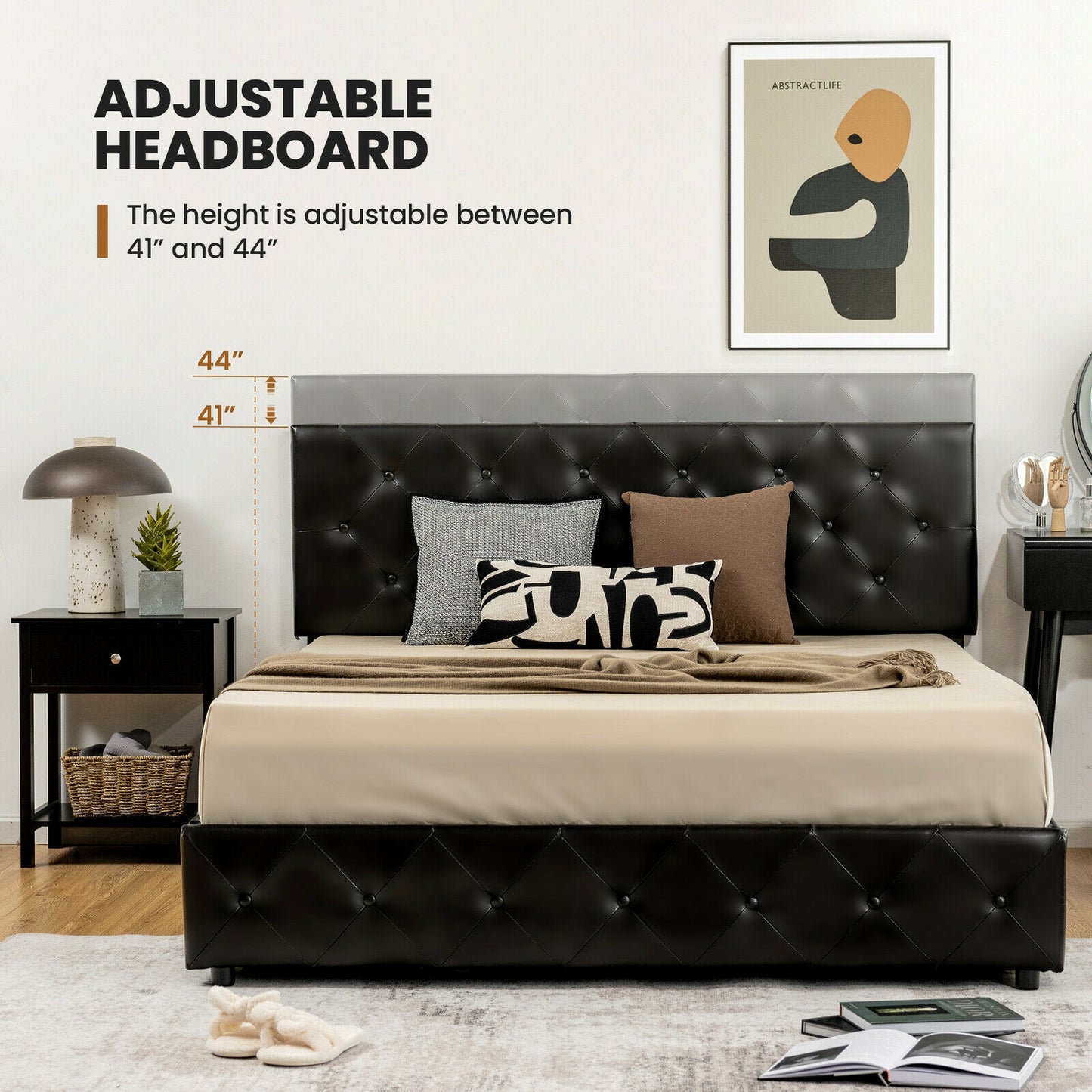 Full Queen PU Leather Platform Bed, 4 Drawers, Full Size Simple Bed Frame at Gallery Canada