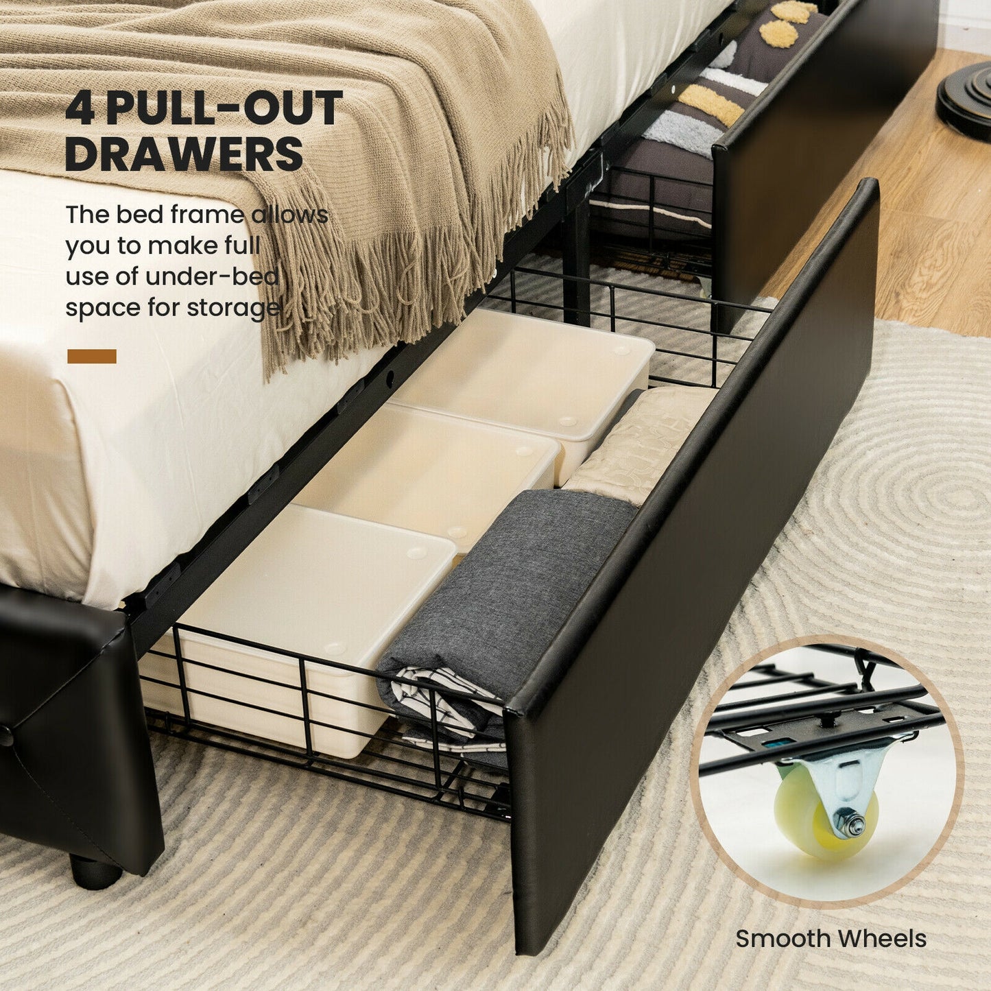 Full Queen PU Leather Platform Bed, 4 Drawers, Full Size Simple Bed Frame at Gallery Canada