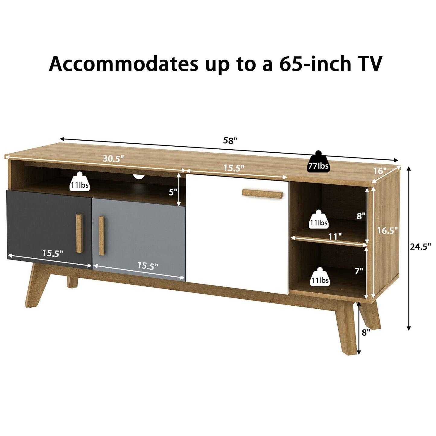 65 Inch TV Stand, 3 Cabinets, 3 Shelves, Natural Entertainment Centers & TV Stands at Gallery Canada