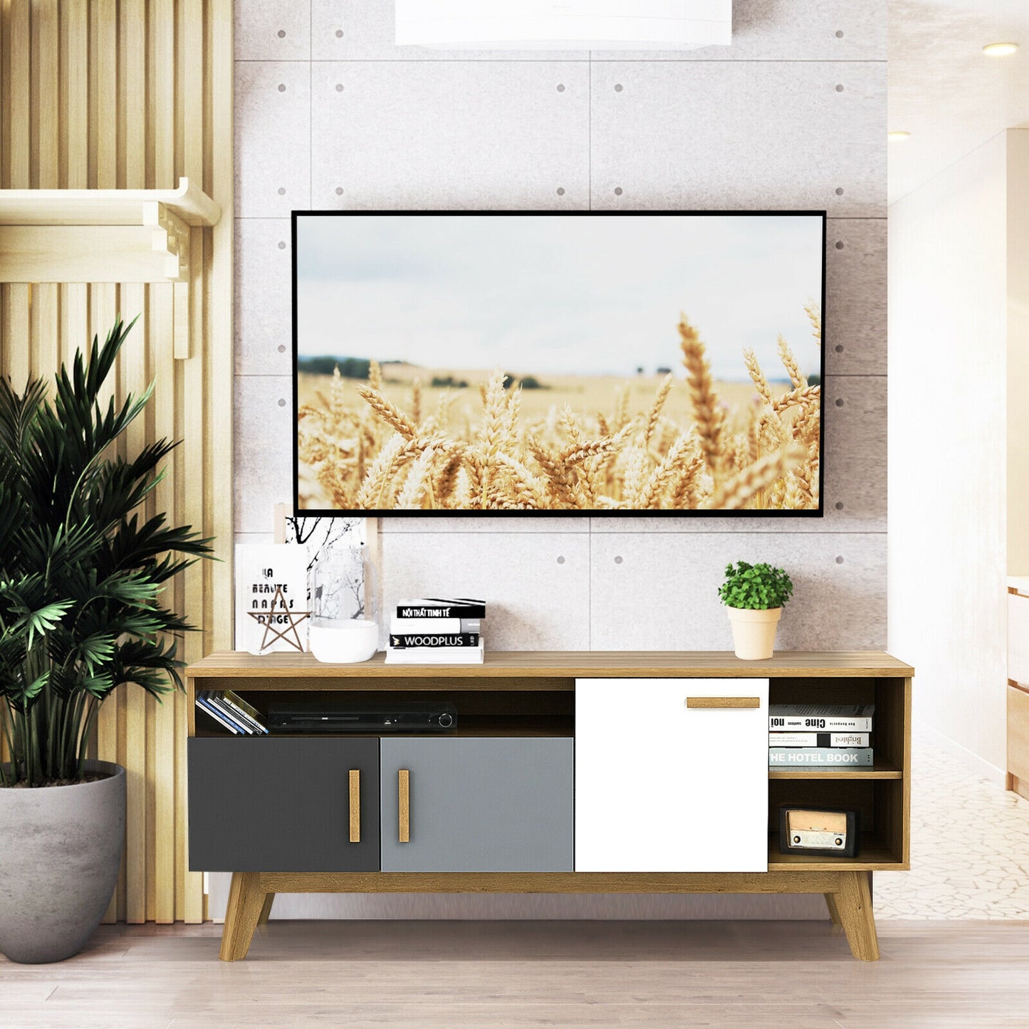65 Inch TV Stand, 3 Cabinets, 3 Shelves, Natural Entertainment Centers & TV Stands at Gallery Canada