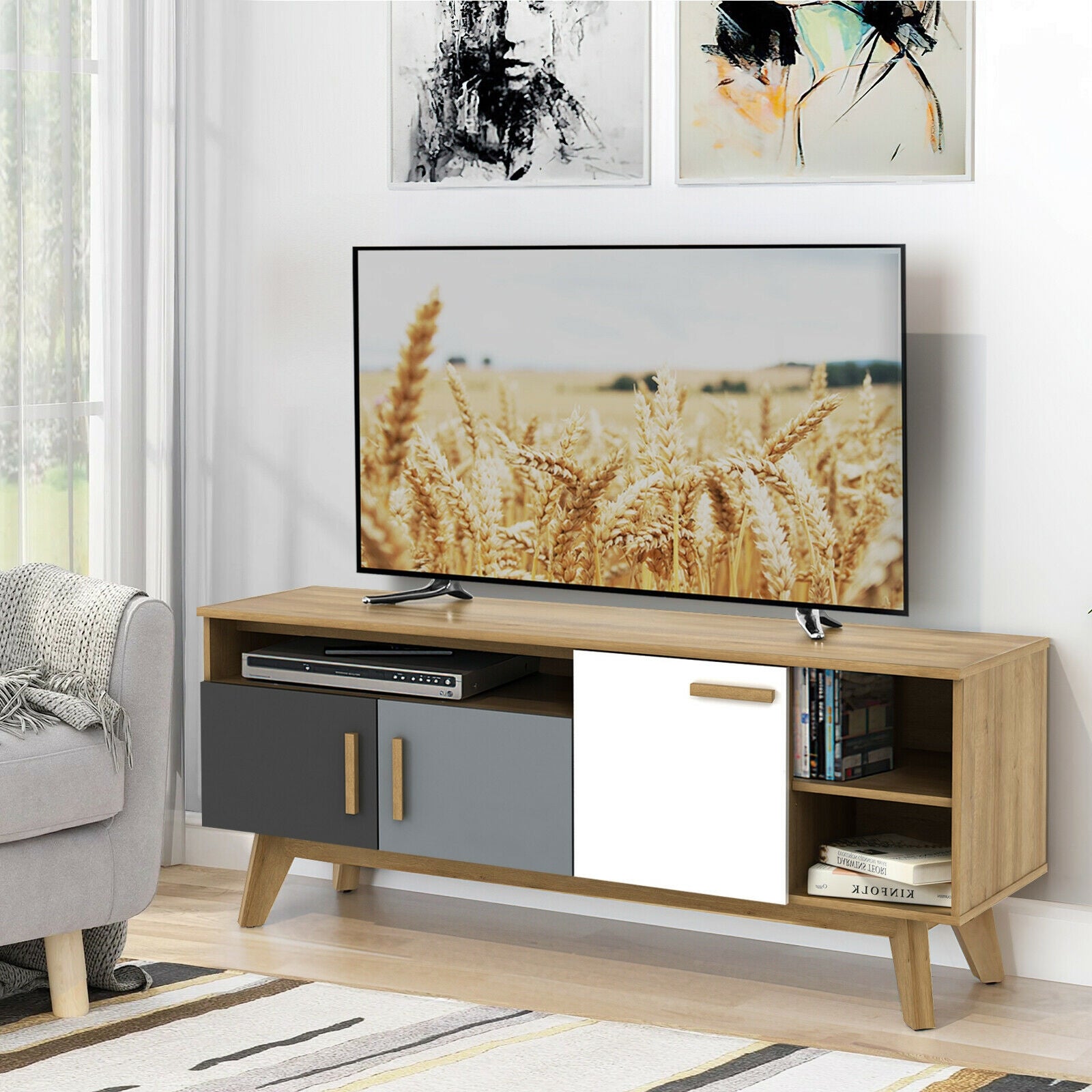 65 Inch TV Stand, 3 Cabinets, 3 Shelves, Natural Entertainment Centers & TV Stands at Gallery Canada