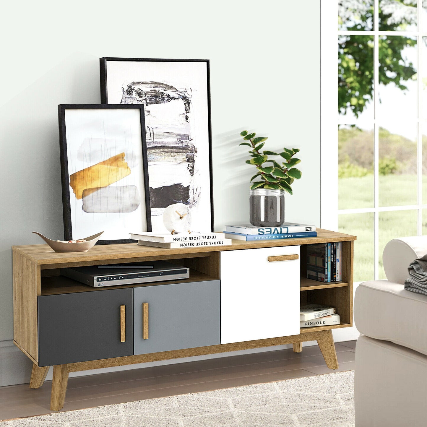 65 Inch TV Stand, 3 Cabinets, 3 Shelves, Natural Entertainment Centers & TV Stands at Gallery Canada