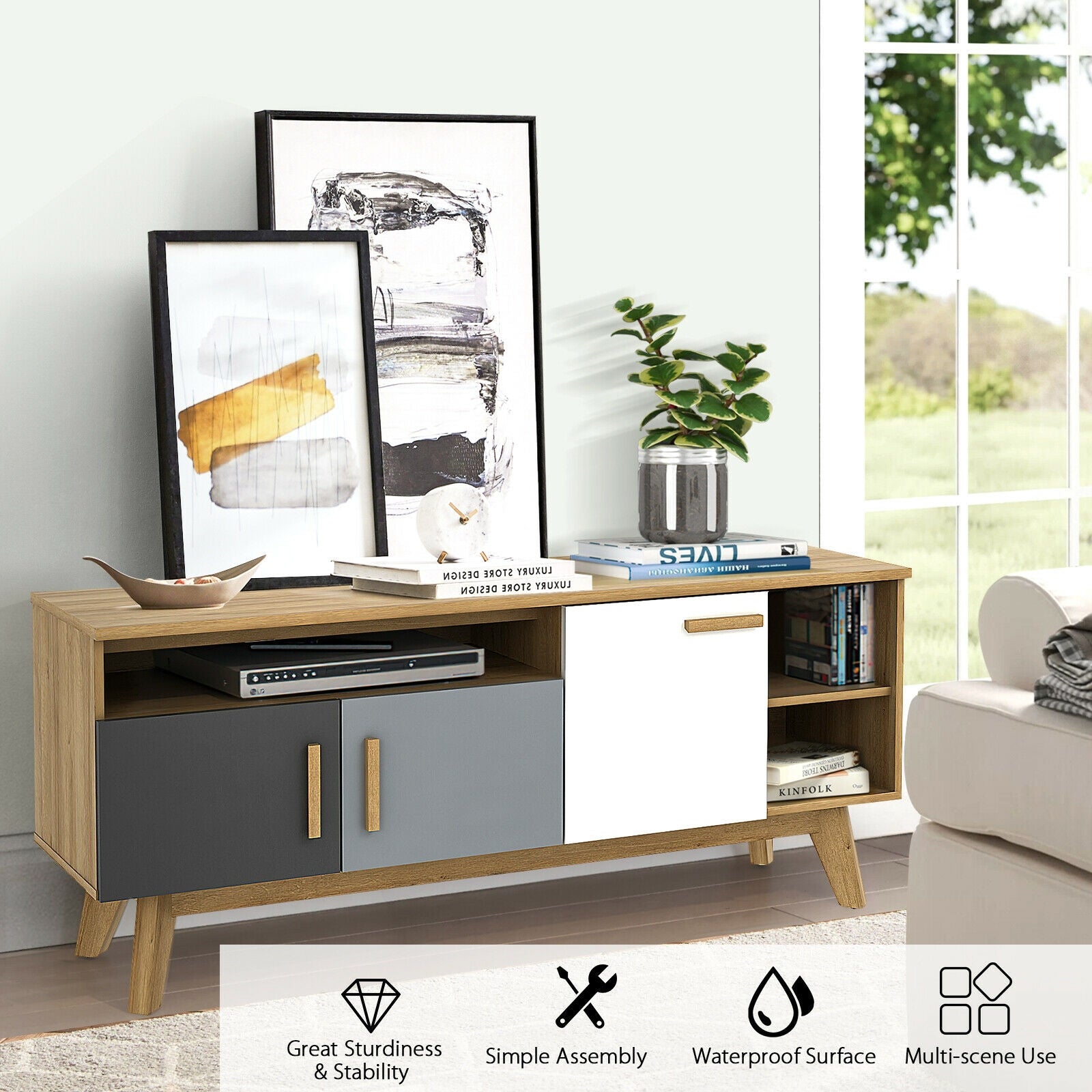 65 Inch TV Stand, 3 Cabinets, 3 Shelves, Natural Entertainment Centers & TV Stands at Gallery Canada