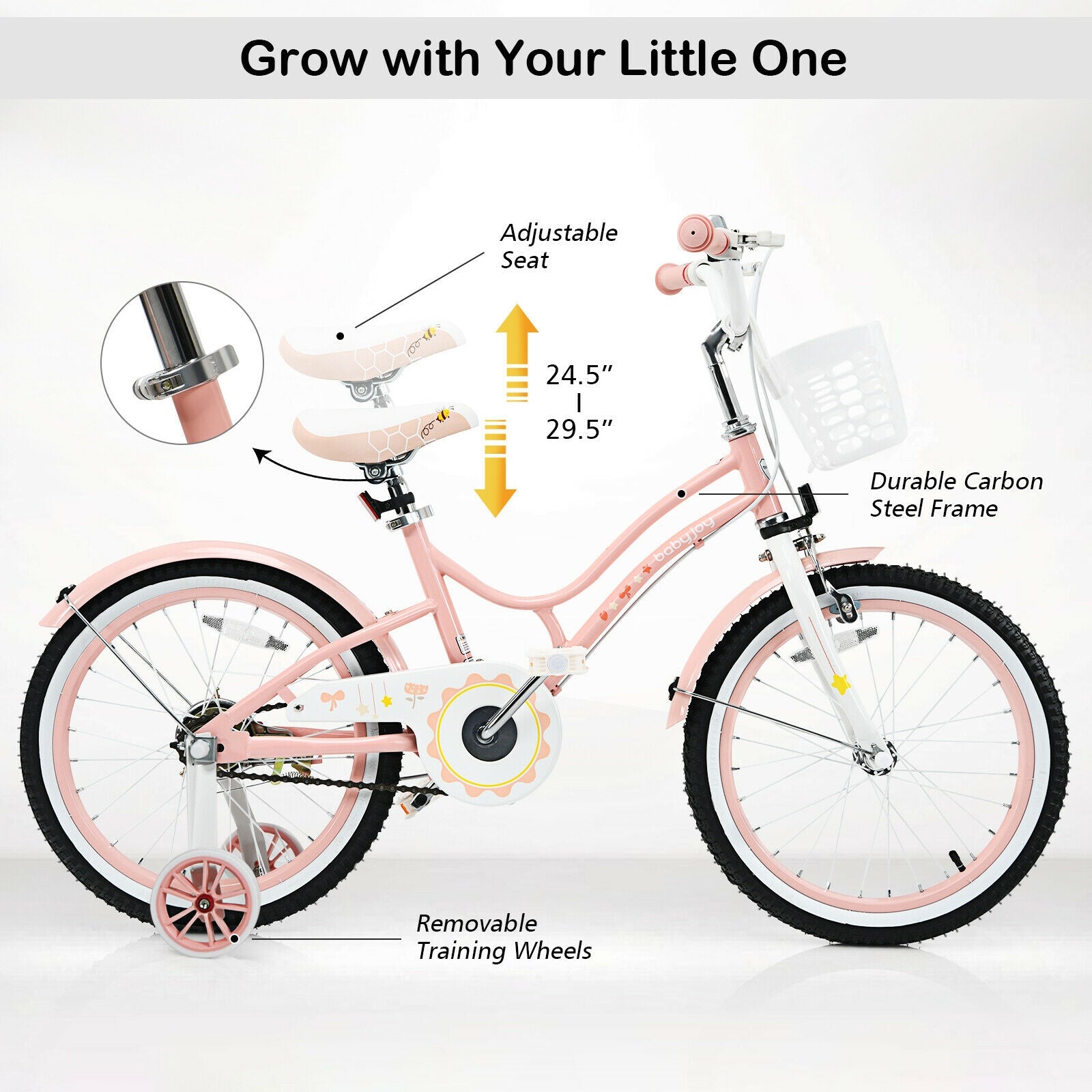 18 Inch Kids Adjustable Bike With Training Wheels, Pink Kids Bike at Gallery Canada