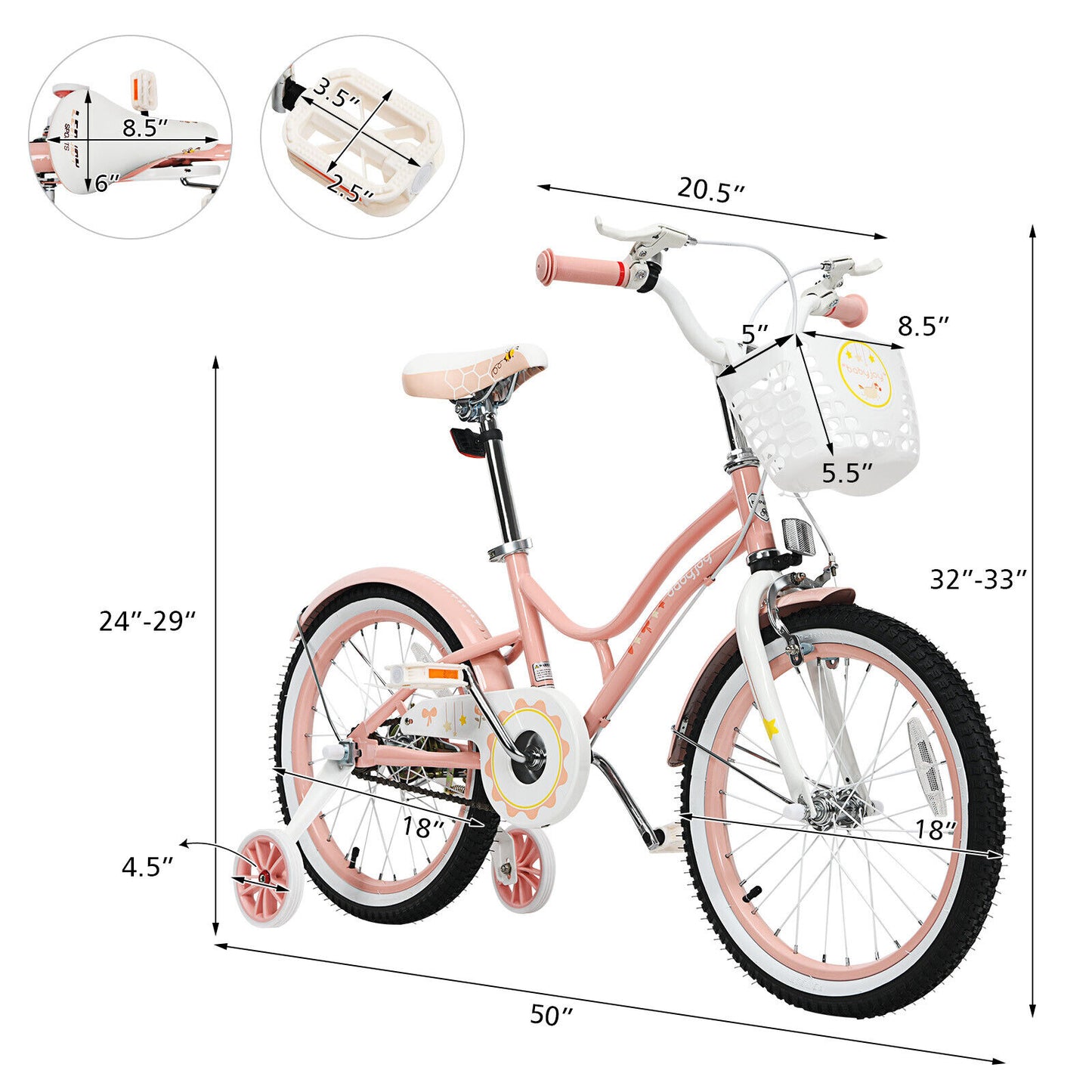 18 Inch Kids Adjustable Bike With Training Wheels, Pink Kids Bike at Gallery Canada