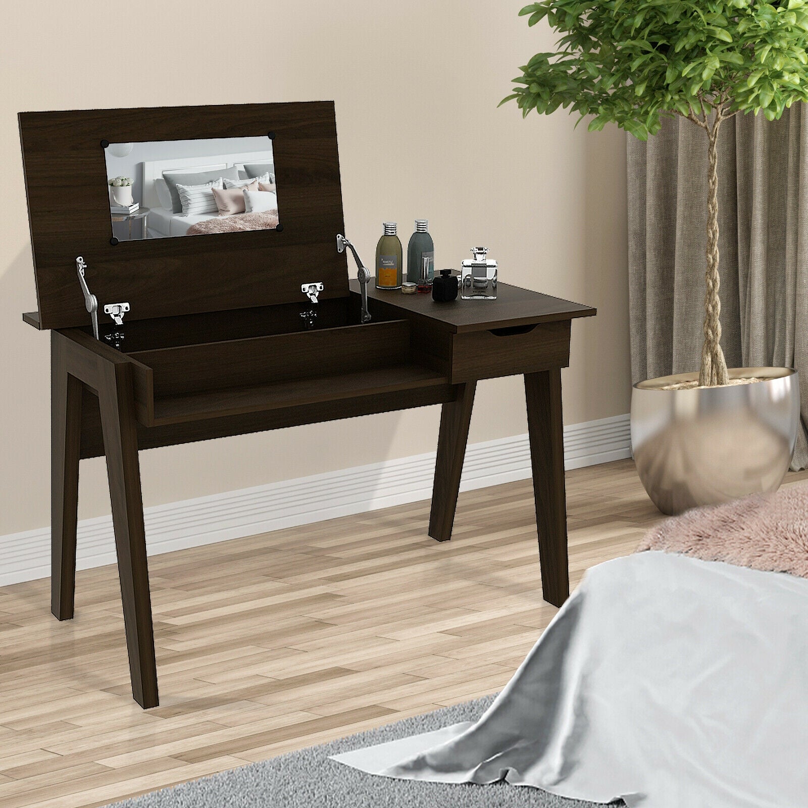 Dressing Table With Flip Mirror, Storage Drawer, Brown Makeup Vanities at Gallery Canada