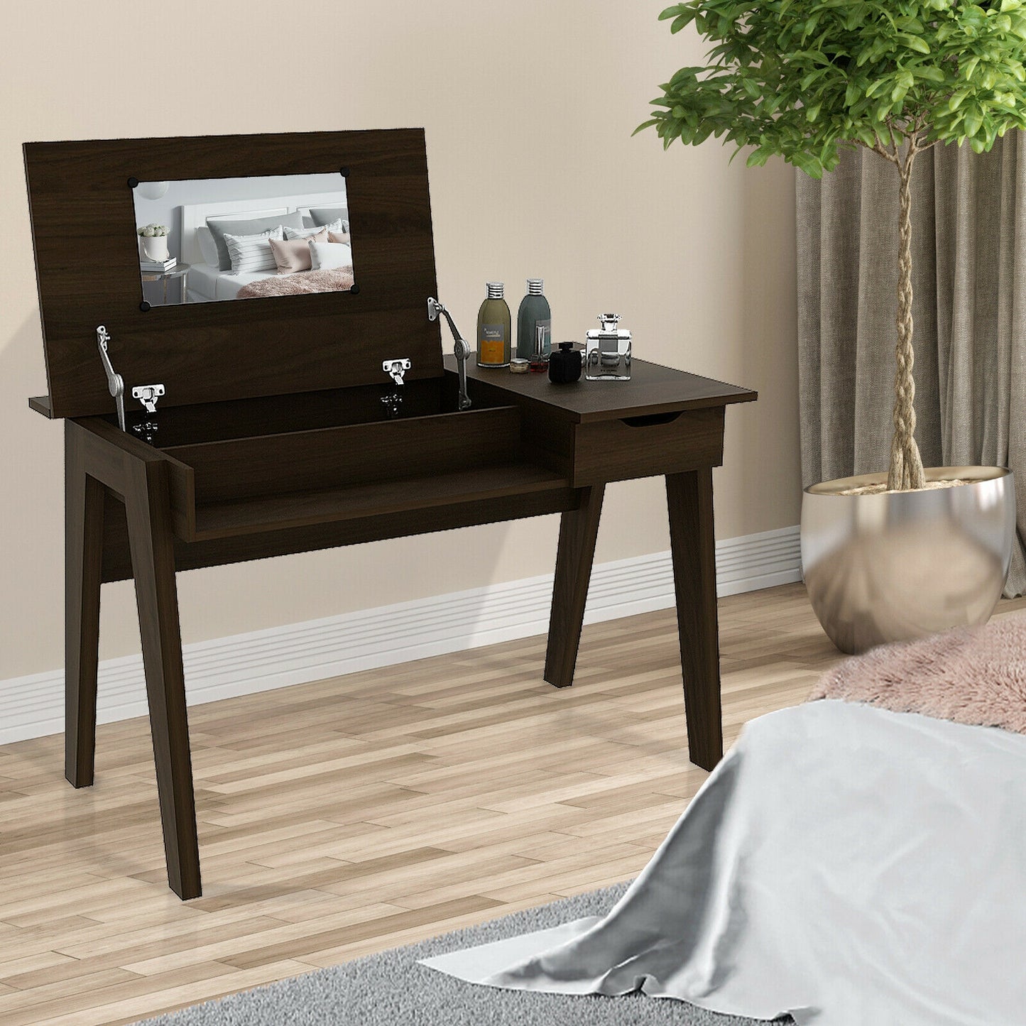 Dressing Table With Flip Mirror, Storage Drawer, Brown Makeup Vanities at Gallery Canada