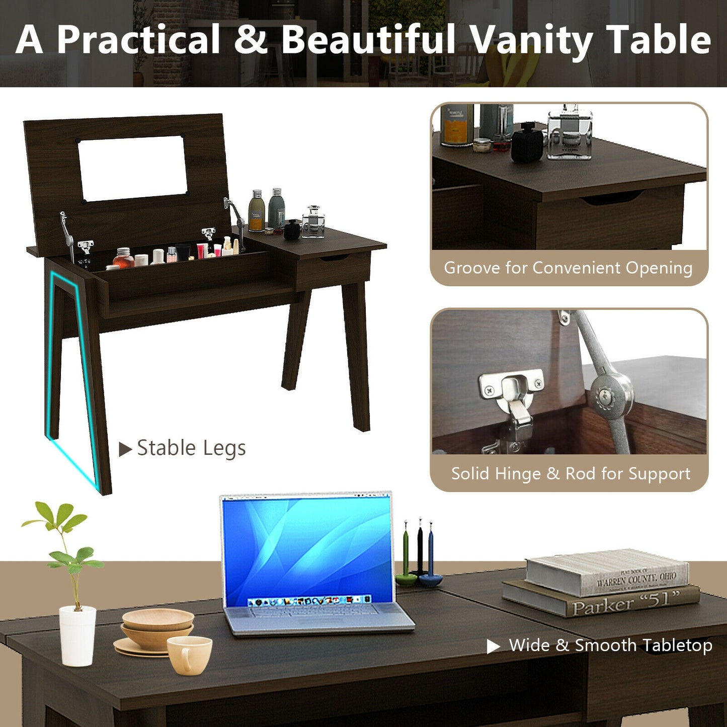 Dressing Table With Flip Mirror, Storage Drawer, Brown Makeup Vanities at Gallery Canada