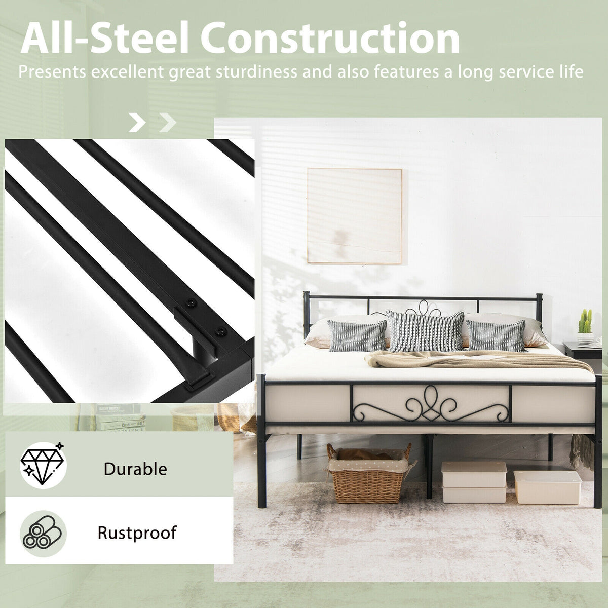 Twin/Full/Queen Size Metal Bed Frame with Headboard and Footboard-Queen Size, Black Simple Bed Frame at Gallery Canada