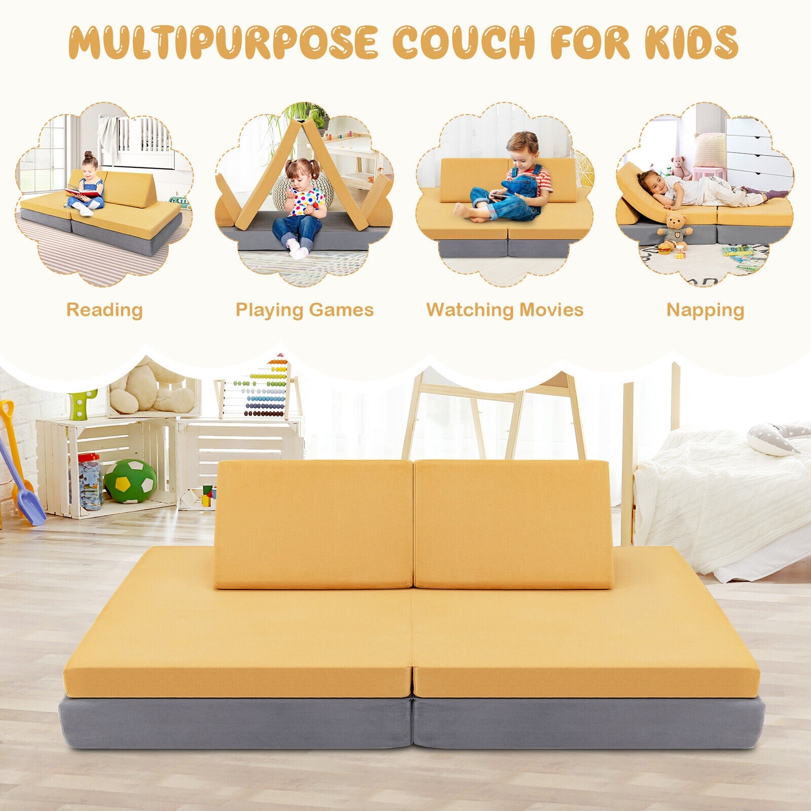 4 Piece Convertible Kids Couch Set, 2 Folding Mats, Yellow Kids Chairs & Seating at Gallery Canada