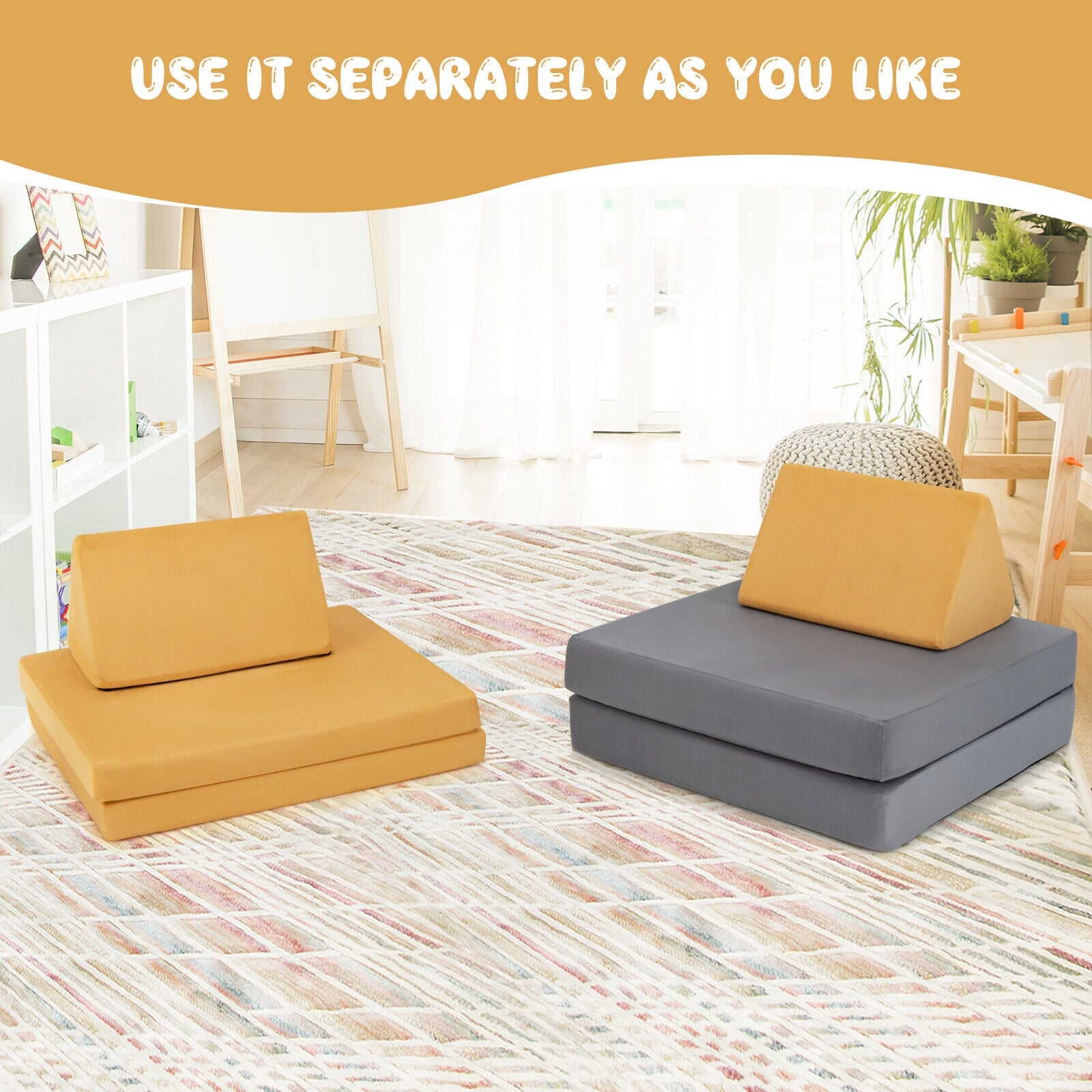 4 Piece Convertible Kids Couch Set, 2 Folding Mats, Yellow Kids Chairs & Seating at Gallery Canada