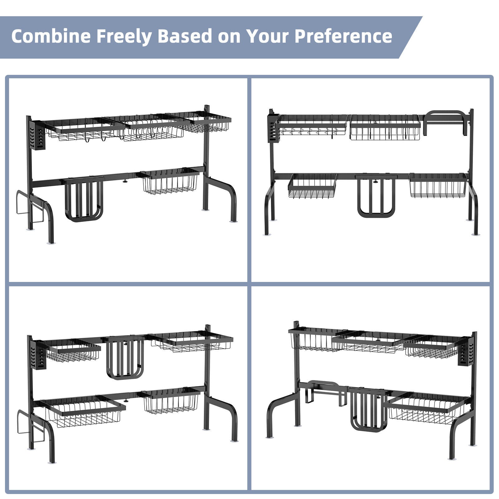 2-Tier Adjustable Over Sink Dish Drying Rack, 8 Hooks, Black Dish Racks at Gallery Canada