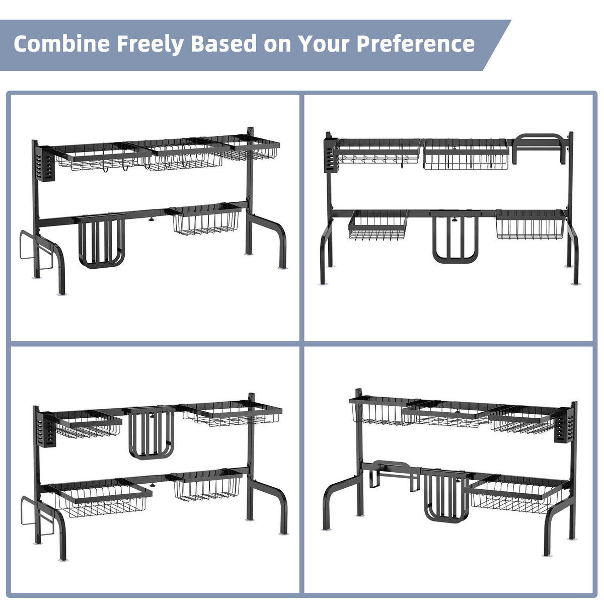 2-Tier Adjustable Over Sink Dish Drying Rack, 8 Hooks, Black Dish Racks at Gallery Canada