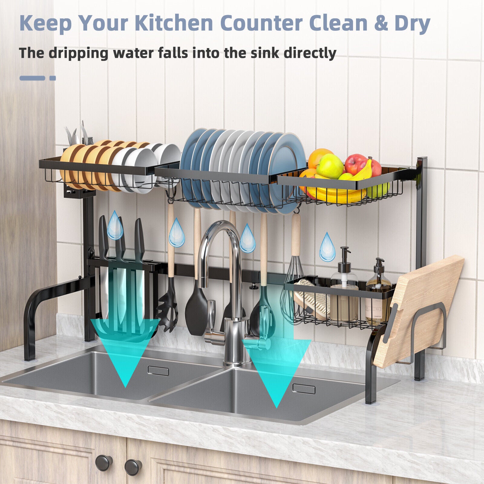 2-Tier Adjustable Over Sink Dish Drying Rack, 8 Hooks, Black Dish Racks at Gallery Canada