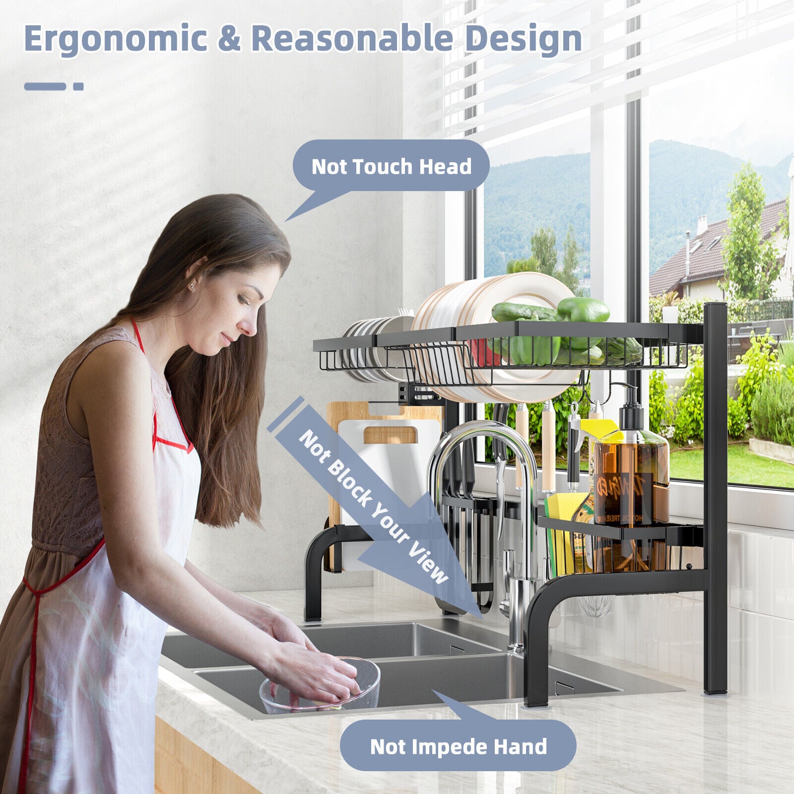 2-Tier Adjustable Over Sink Dish Drying Rack, 8 Hooks, Black Dish Racks at Gallery Canada