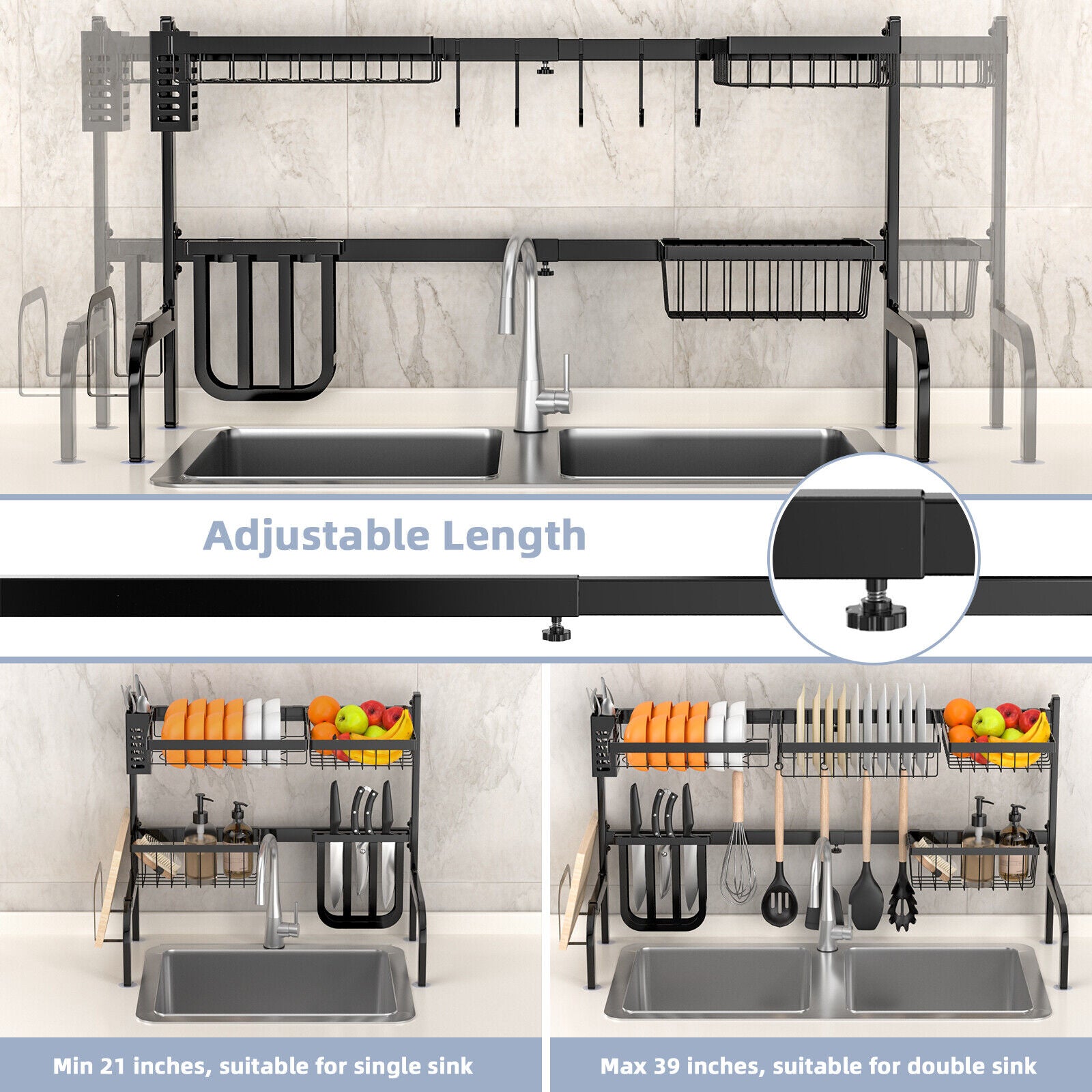 2-Tier Adjustable Over Sink Dish Drying Rack, 8 Hooks, Black Dish Racks at Gallery Canada