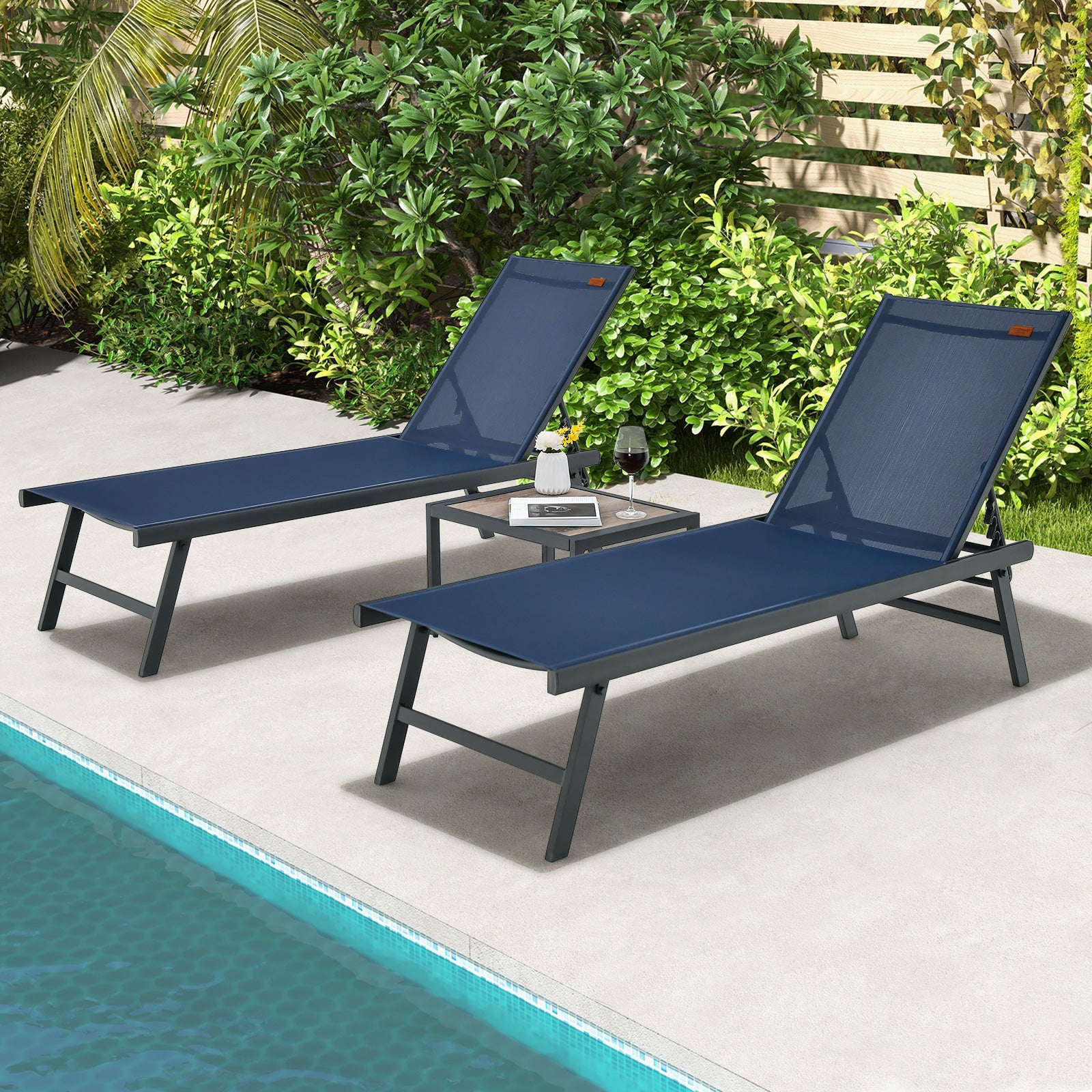 3 Piece Patio Chaise Lounge Chair And Table Set, Navy Outdoor Chaise Lounges at Gallery Canada