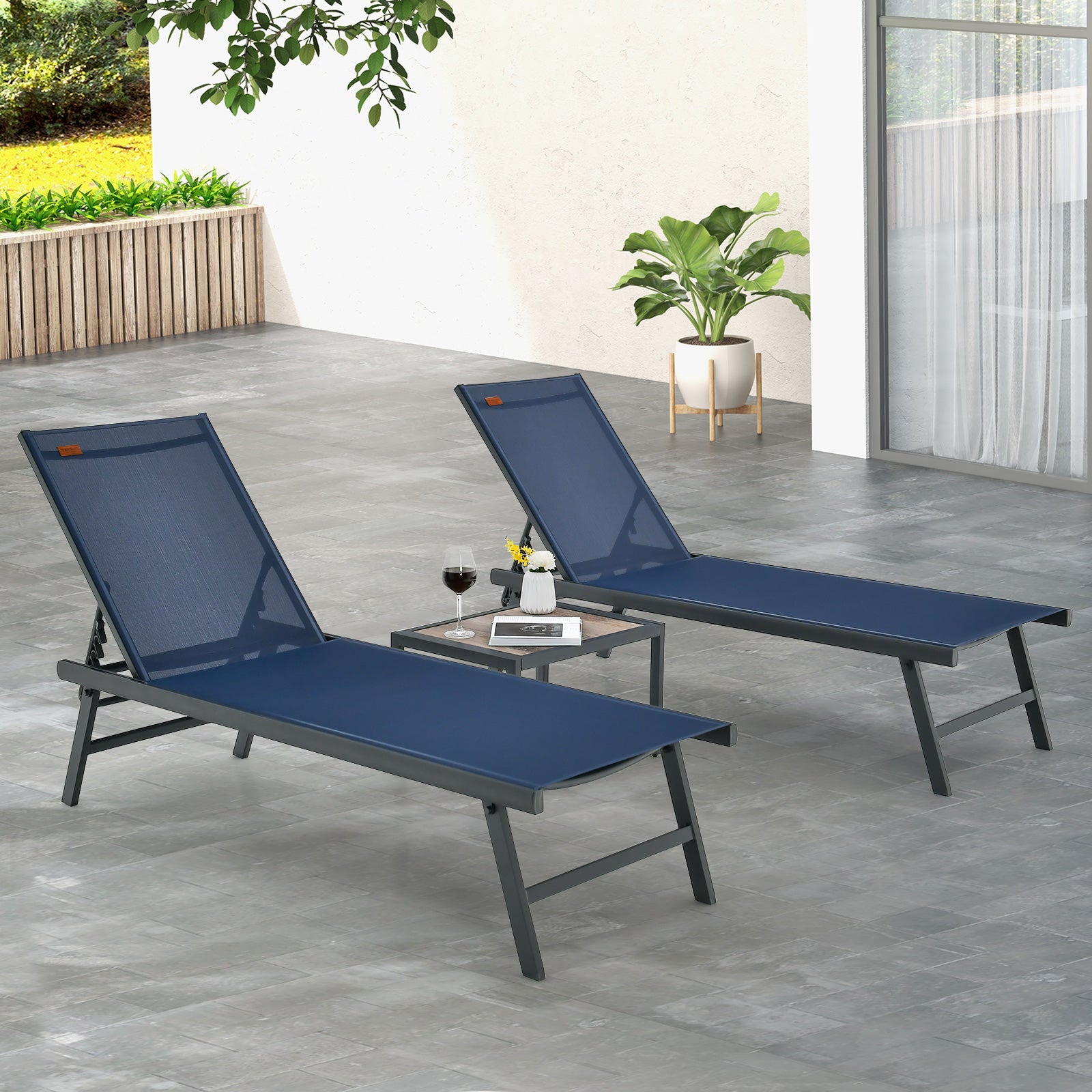 3 Piece Patio Chaise Lounge Chair And Table Set, Navy Outdoor Chaise Lounges at Gallery Canada