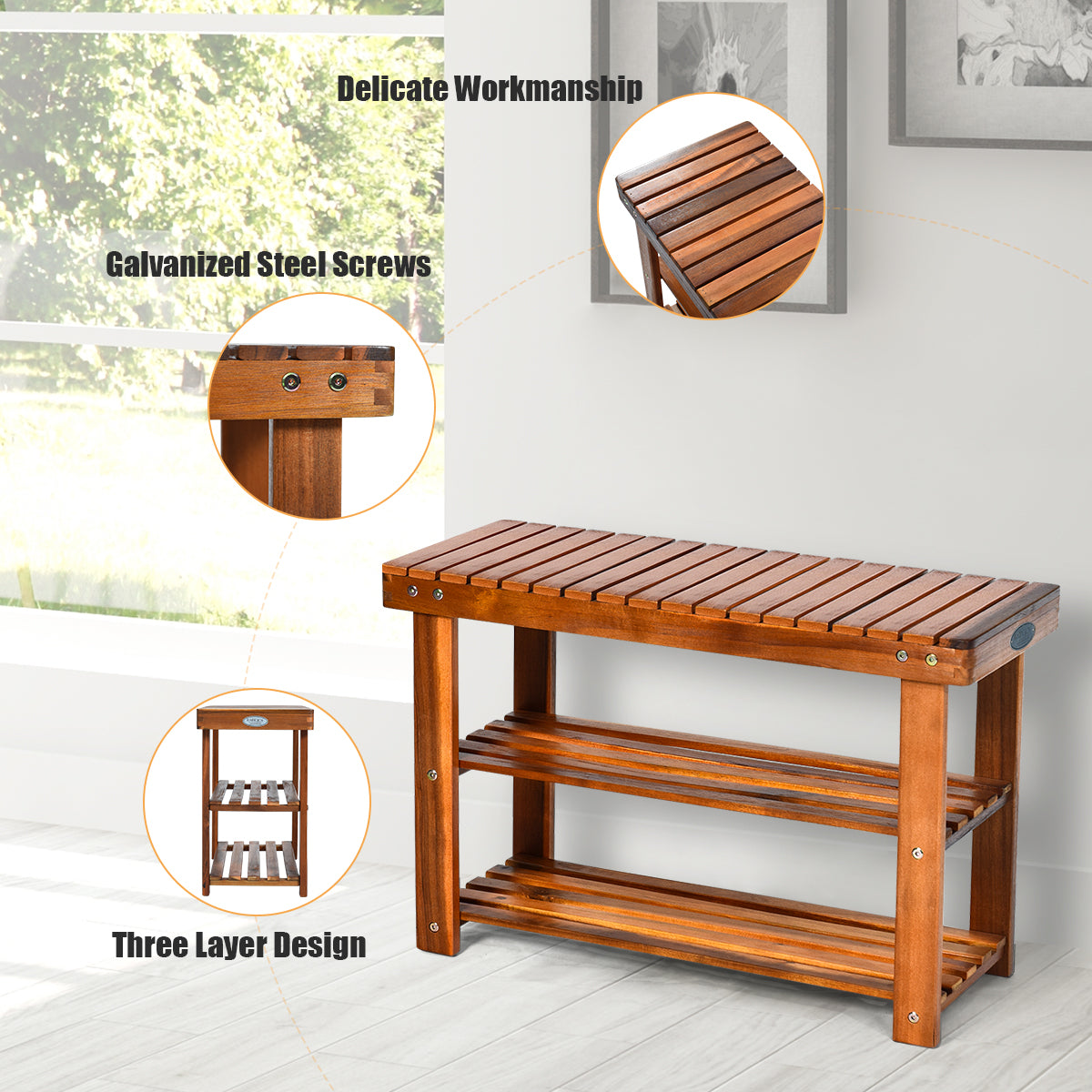 Freestanding Wood Bench, 3-Tier Storage Shelves, Natural Shoe Racks & Storage Benches at Gallery Canada