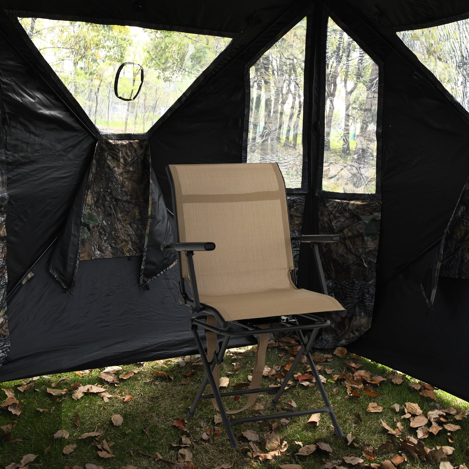 Foldable Swivel Patio Chair, Mesh Back, Coffee Camping Furniture at Gallery Canada
