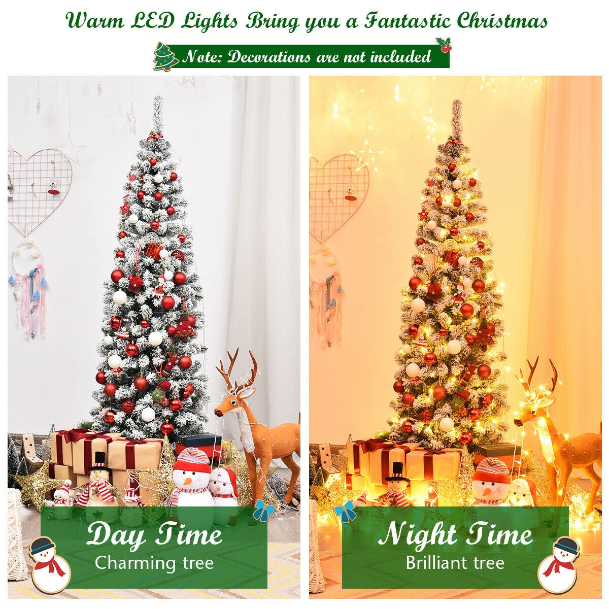 6 Feet Pre-Lit Snow Flocked Artificial Pencil Christmas Tree, Green Christmas Tree at Gallery Canada