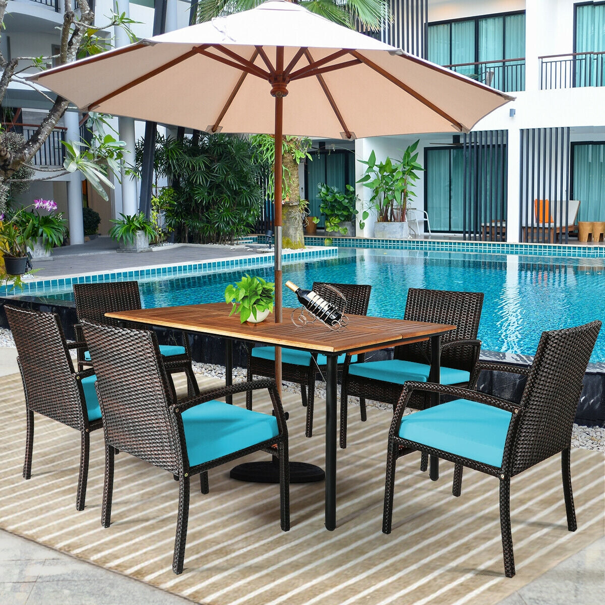 7Pcs Rattan Dining Set, With Umbrella Hole, Turquoise Patio Dining Sets at Gallery Canada