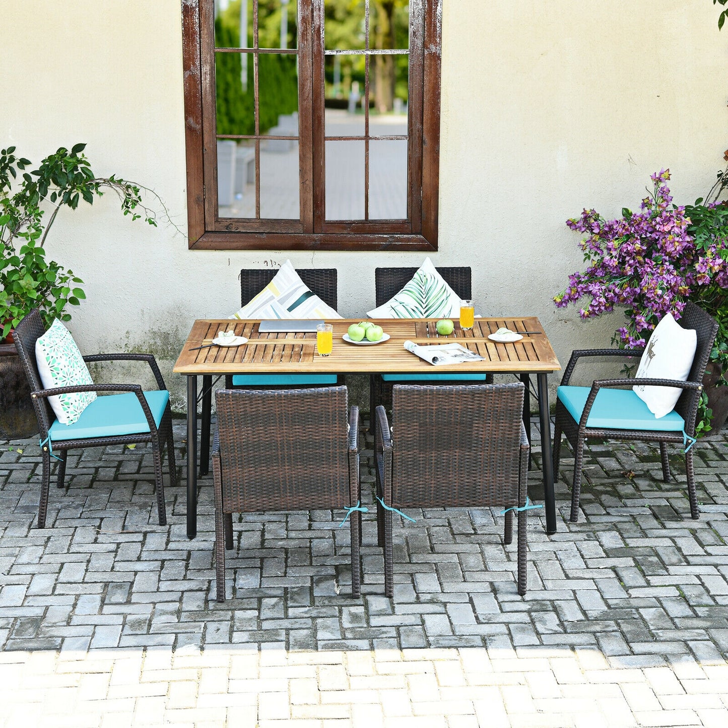 7Pcs Rattan Dining Set, With Umbrella Hole, Turquoise Patio Dining Sets at Gallery Canada