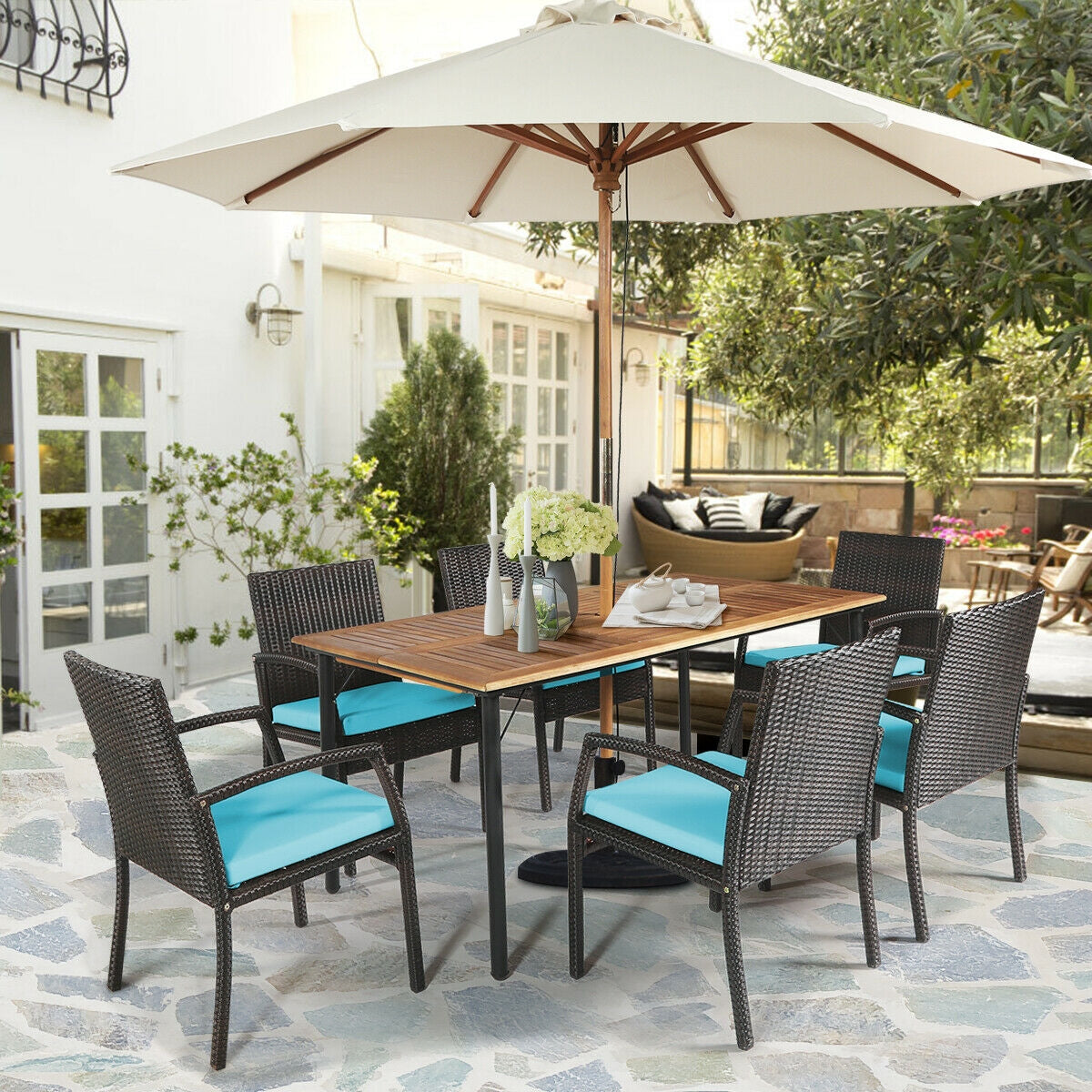 7Pcs Rattan Dining Set, With Umbrella Hole, Turquoise Patio Dining Sets at Gallery Canada