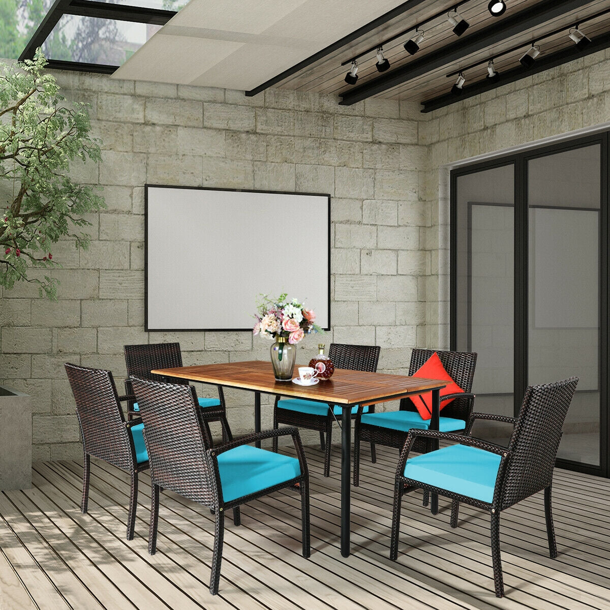 7Pcs Rattan Dining Set, With Umbrella Hole, Turquoise Patio Dining Sets at Gallery Canada