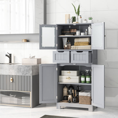4 Door Free-Standing Bathroom Cabinet, 2 Drawers, Glass Doors, Gray