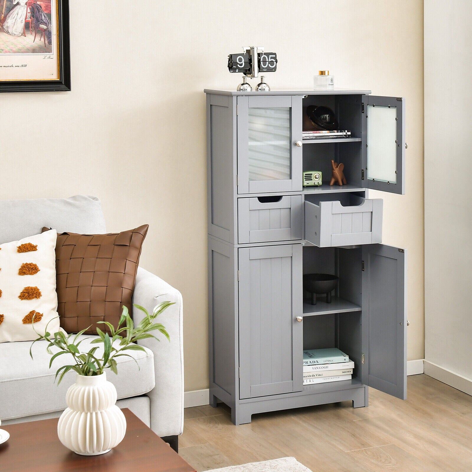 4 Door Free-Standing Bathroom Cabinet, 2 Drawers, Glass Doors, Gray Floor Cabinets at Gallery Canada