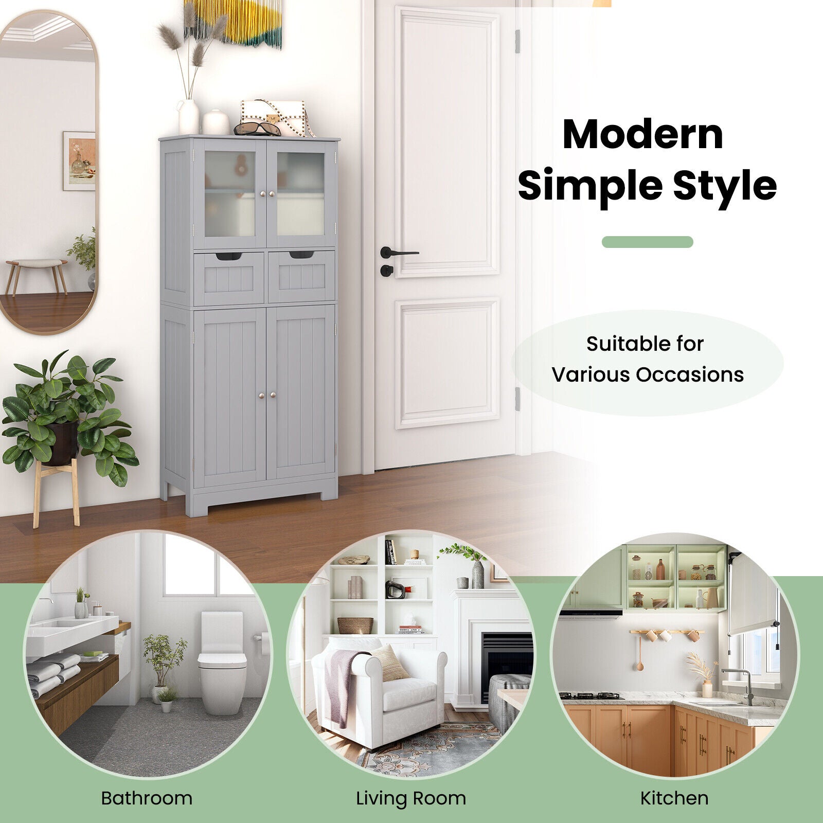 4 Door Free-Standing Bathroom Cabinet, 2 Drawers, Glass Doors, Gray Floor Cabinets at Gallery Canada