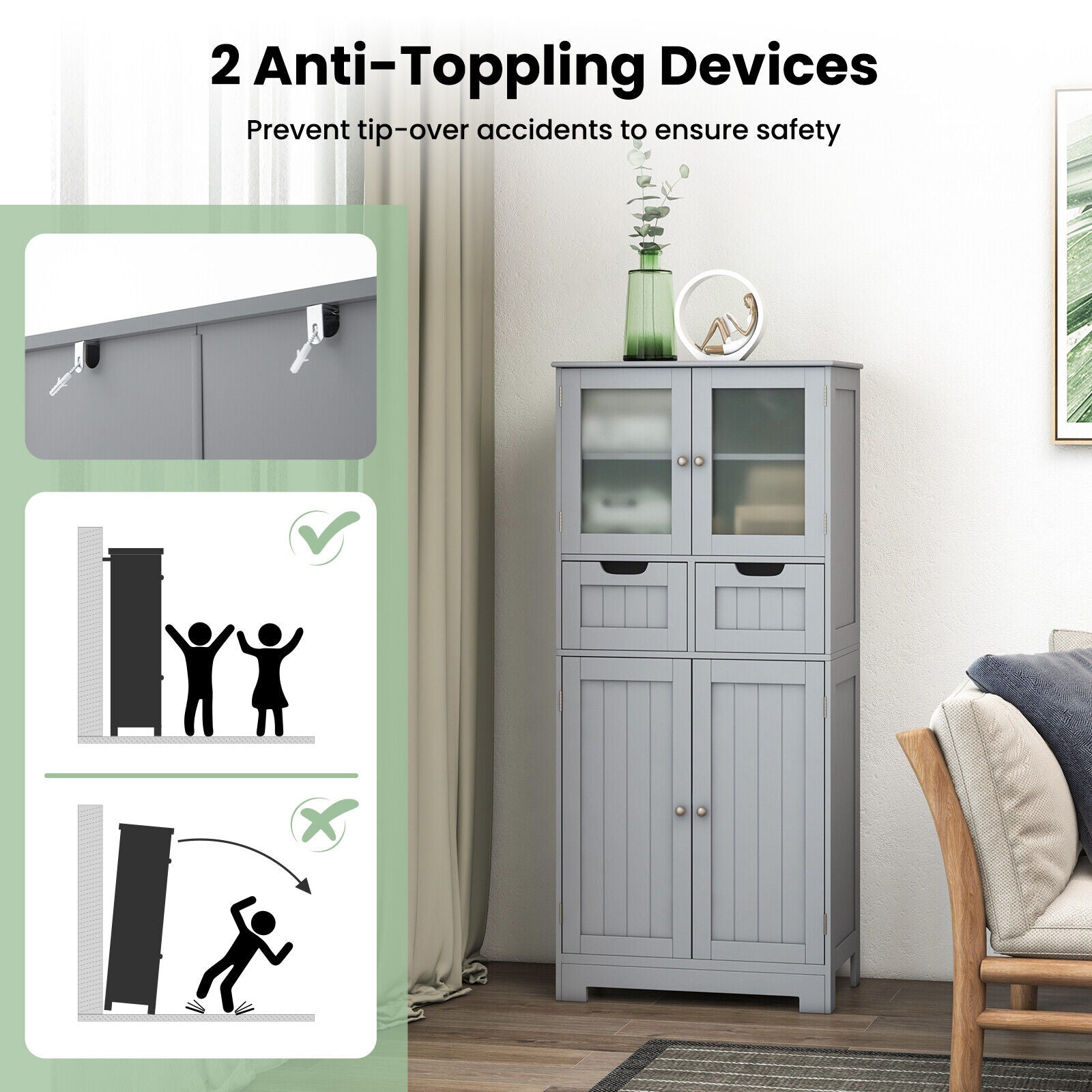 4 Door Free-Standing Bathroom Cabinet, 2 Drawers, Glass Doors, Gray Floor Cabinets at Gallery Canada