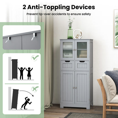 4 Door Free-Standing Bathroom Cabinet, 2 Drawers, Glass Doors, Gray Floor Cabinets at Gallery Canada
