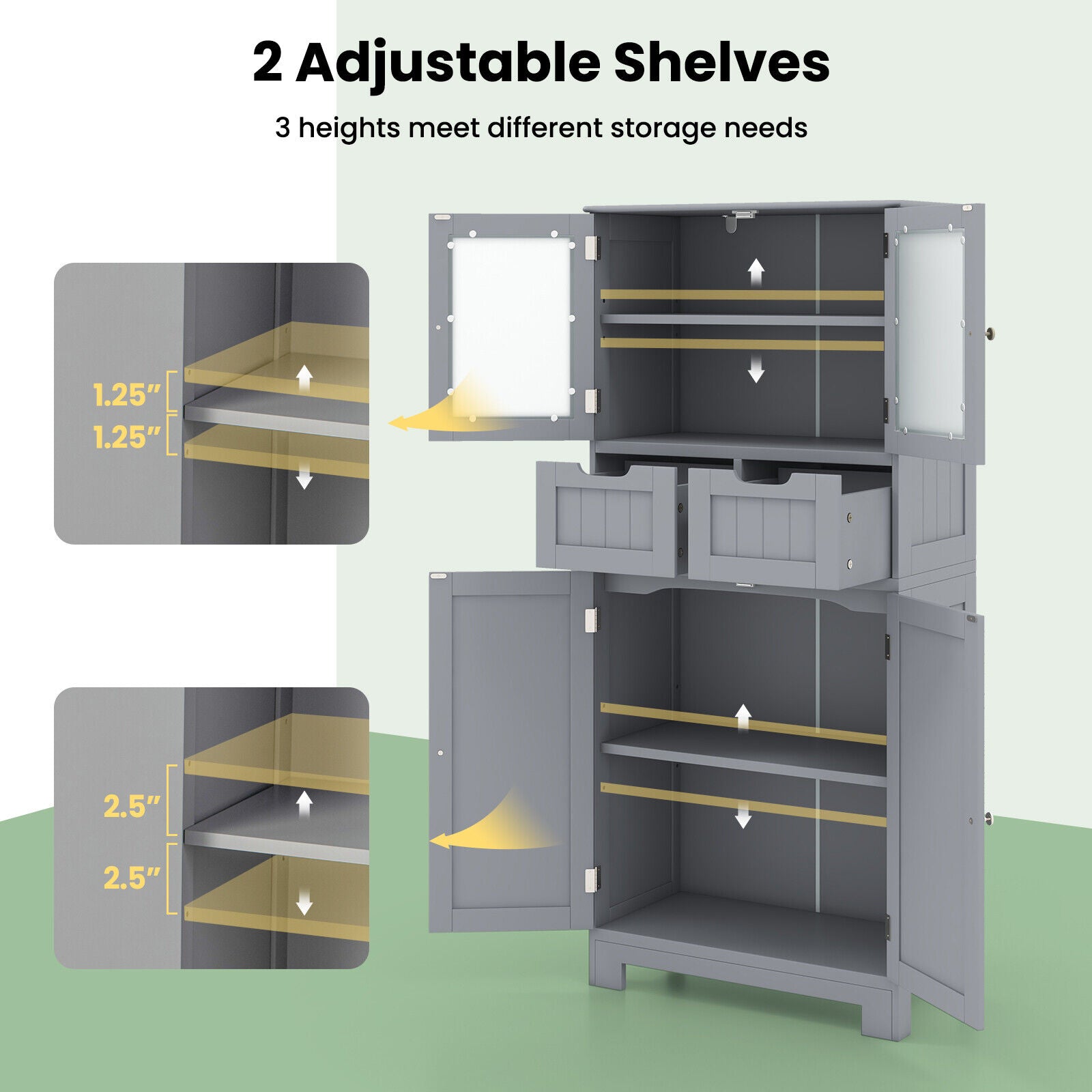 4 Door Free-Standing Bathroom Cabinet, 2 Drawers, Glass Doors, Gray Floor Cabinets at Gallery Canada