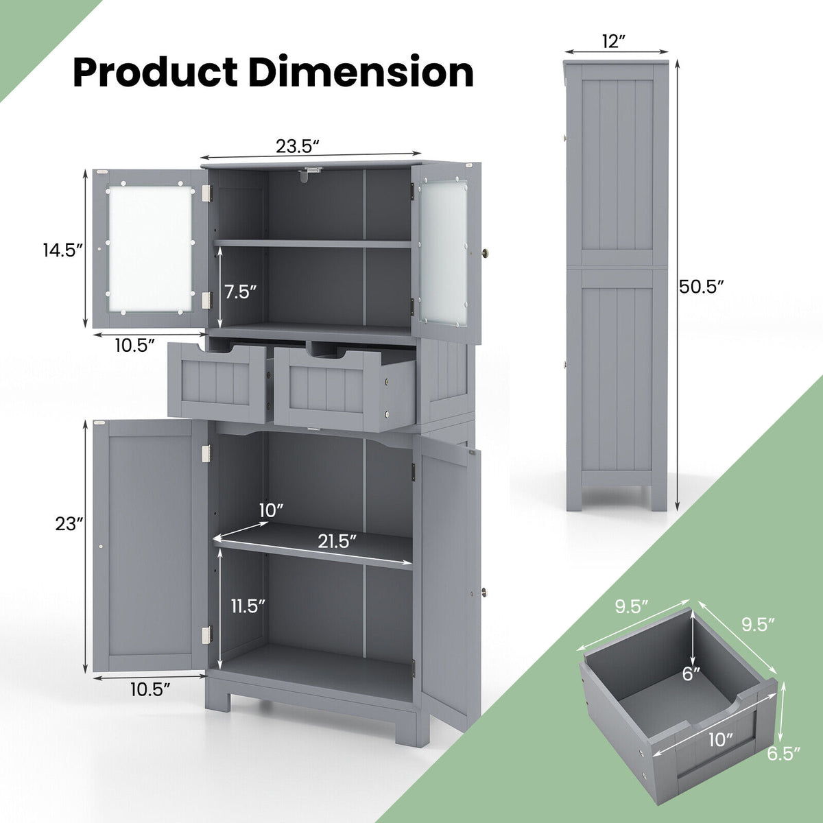4 Door Free-Standing Bathroom Cabinet, 2 Drawers, Glass Doors, Gray Floor Cabinets at Gallery Canada