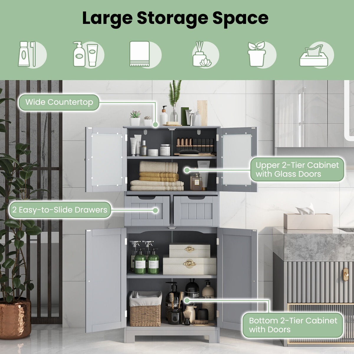 4 Door Free-Standing Bathroom Cabinet, 2 Drawers, Glass Doors, Gray Floor Cabinets at Gallery Canada