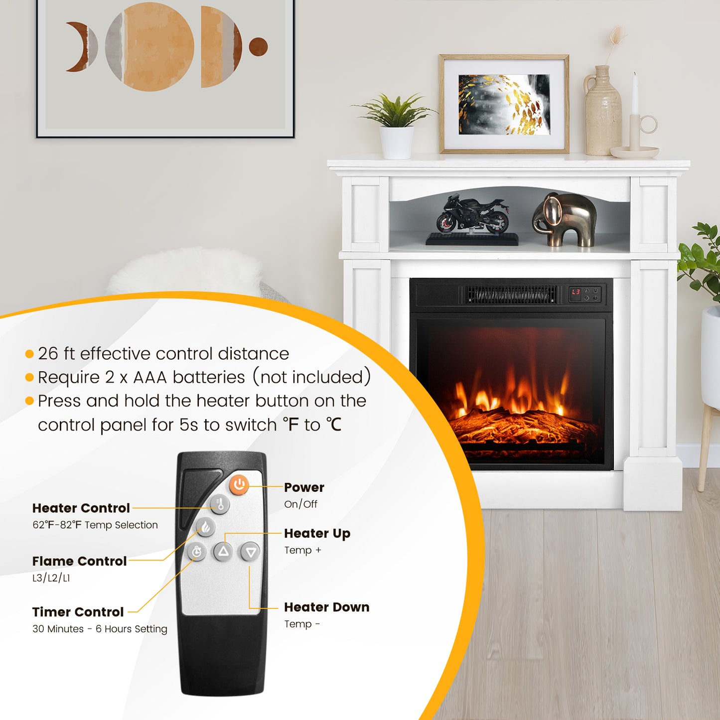 32 Inch 1400W Electric TV Stand Fireplace With Shelf, White Fireplaces at Gallery Canada