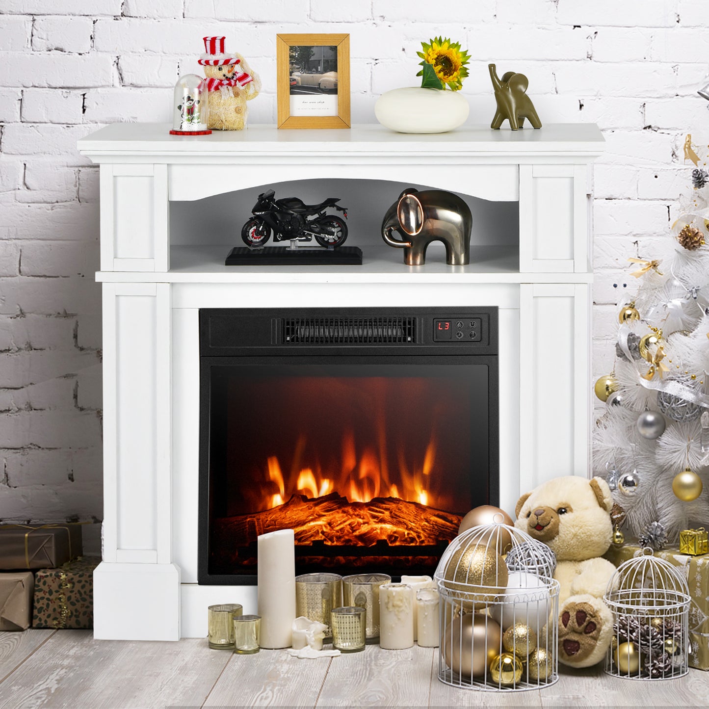 32 Inch 1400W Electric TV Stand Fireplace With Shelf, White Fireplaces at Gallery Canada