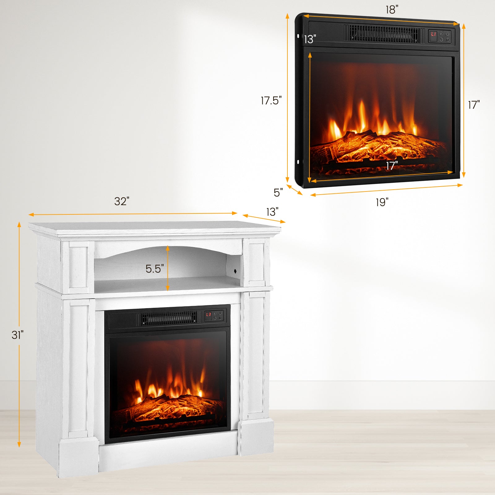 32 Inch 1400W Electric TV Stand Fireplace With Shelf, White Fireplaces at Gallery Canada