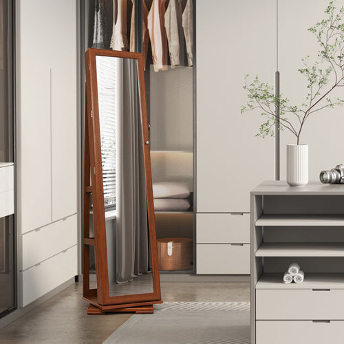 360° Rotatable Armoire, 2-in-1 Lockable Mirrored Jewelry Cabinet, Brown