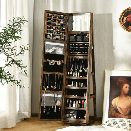 360° Rotatable Armoire, 2-in-1 Lockable Mirrored Jewelry Cabinet, Rustic Brown