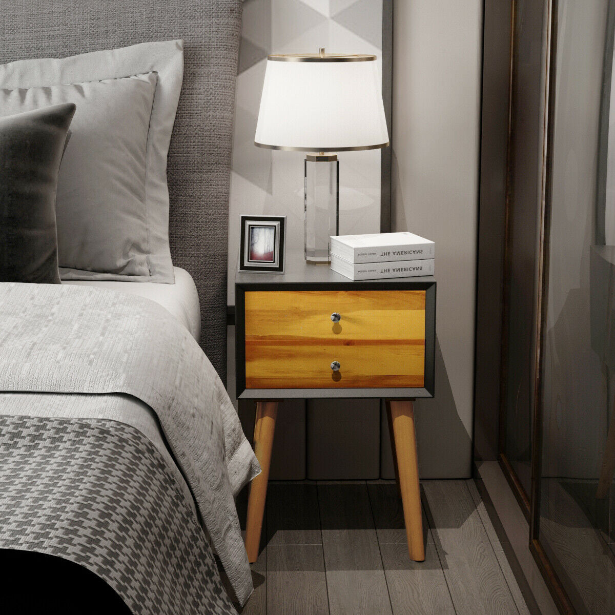 Mid-Century Wooden End Table, 2 Storage Drawers, Black Nightstands at Gallery Canada