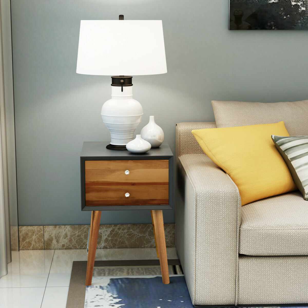 Mid-Century Wooden End Table, 2 Storage Drawers, Black Nightstands at Gallery Canada