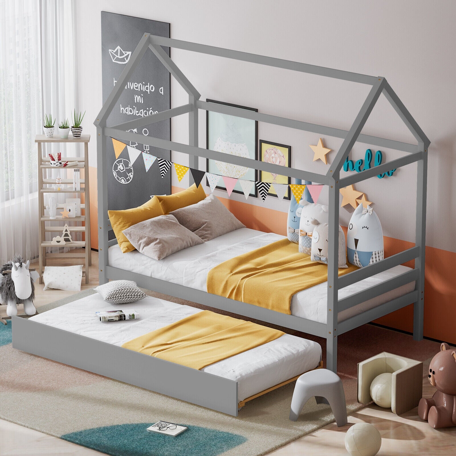 Kids Platform Bed Frame With Roof, Gray Trundle Bed Frame at Gallery Canada