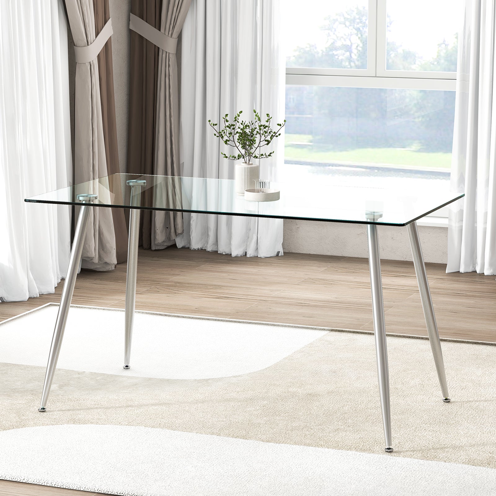 Glass Rectangular Dining Table With Metal Legs, Silver Dining Tables at Gallery Canada